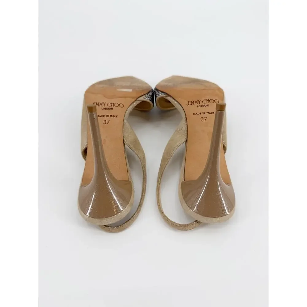 Jimmy Choo Desai Shimmer Beige Crystal Pointed Toe Slingback Pump Heels 37